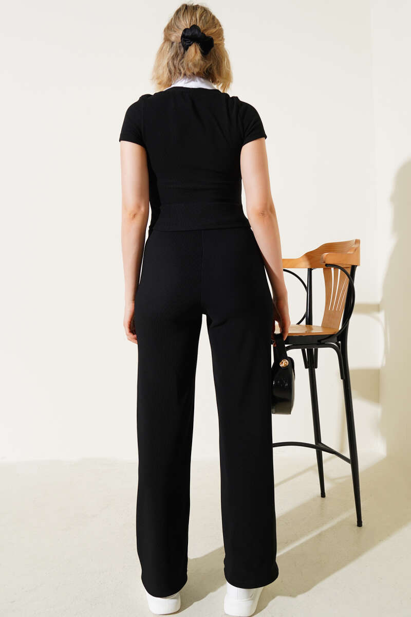 Ribbed Two-Piece Set with Shirt Trim - Black