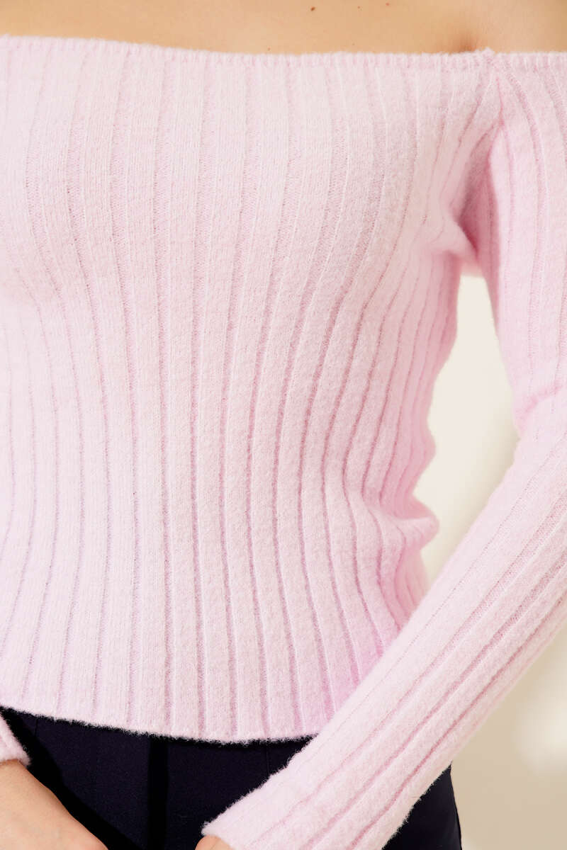Boat-Neck Ribbed Knit Blouse - Pink