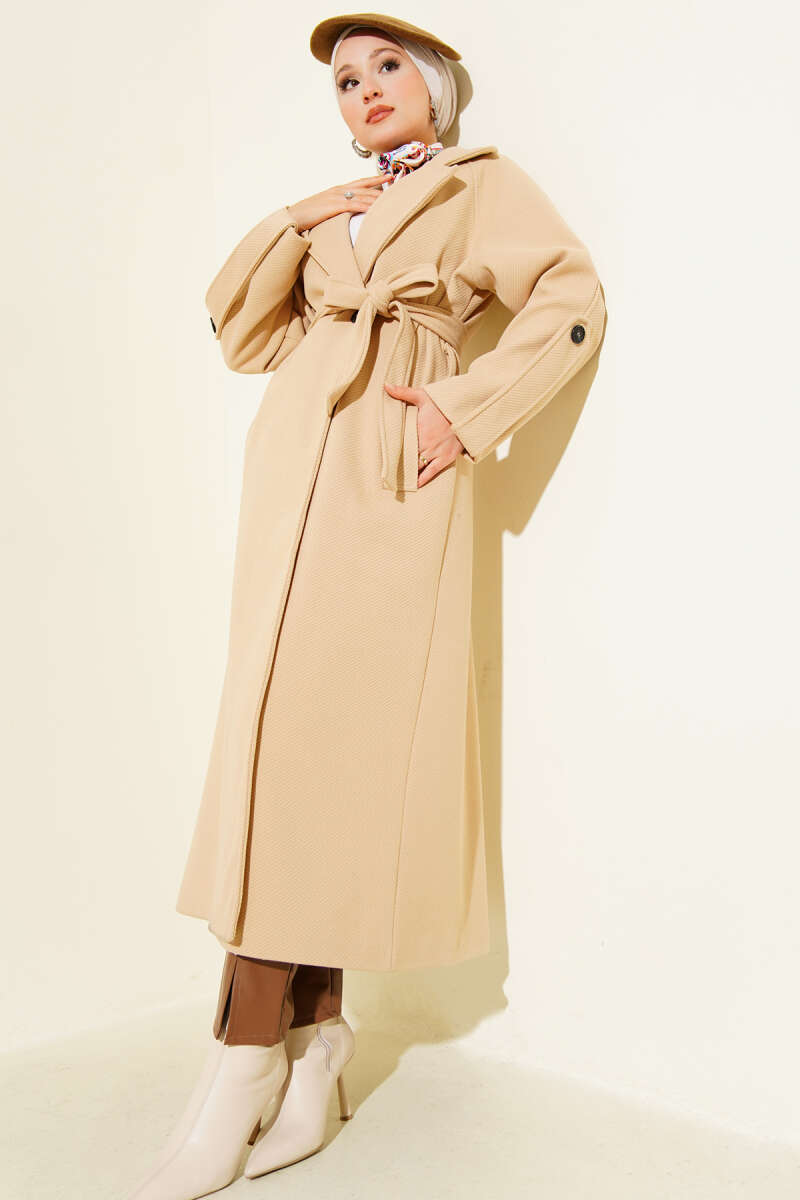 Belted Ribbed Felt Coat - Beige