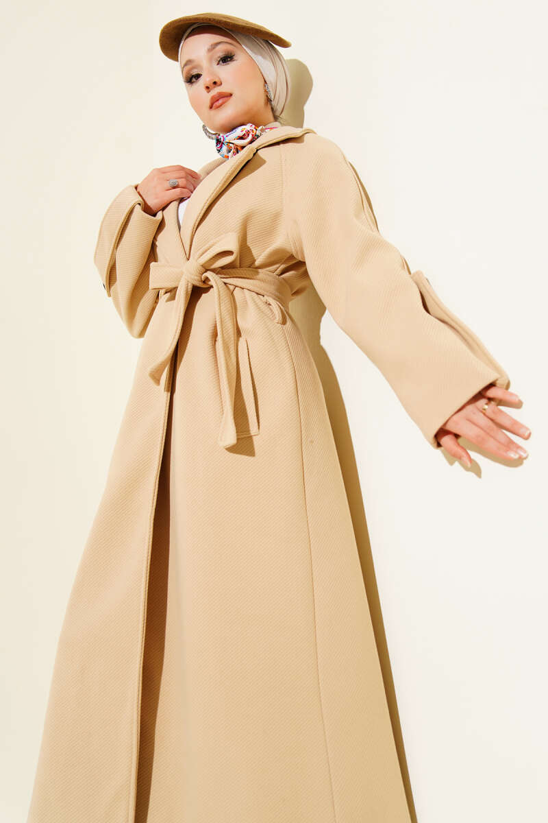 Belted Ribbed Felt Coat - Beige