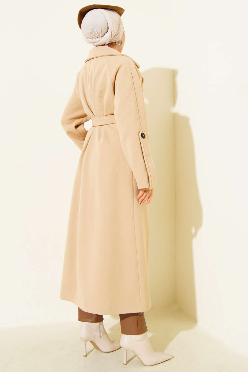 Belted Ribbed Felt Coat - Beige