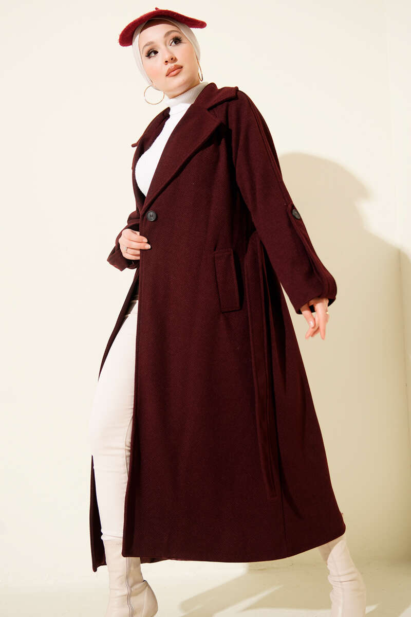 Belted Ribbed Felt Coat - Burgundy