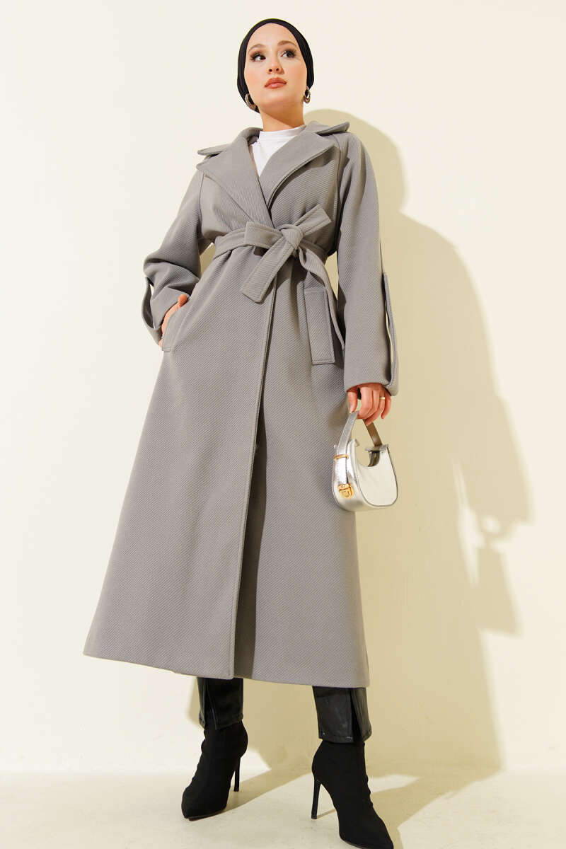 Belted Ribbed Felt Coat - Grey
