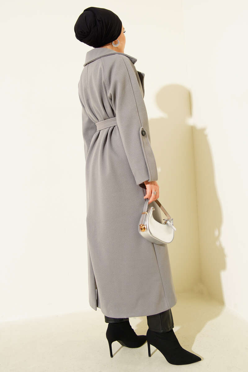 Belted Ribbed Felt Coat - Grey