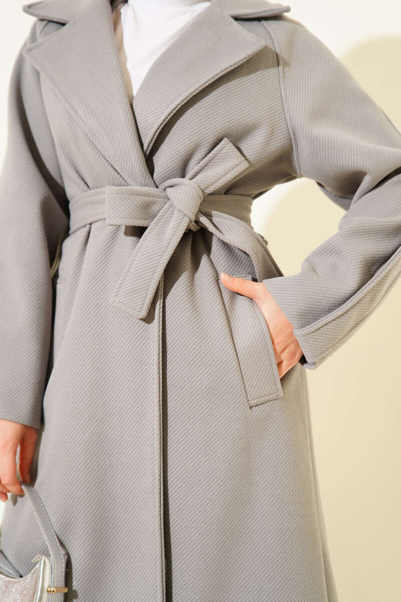 Belted Ribbed Felt Coat - Grey