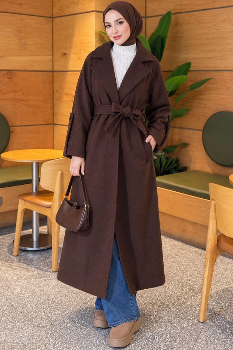 Belted Ribbed Felt Coat - Brown