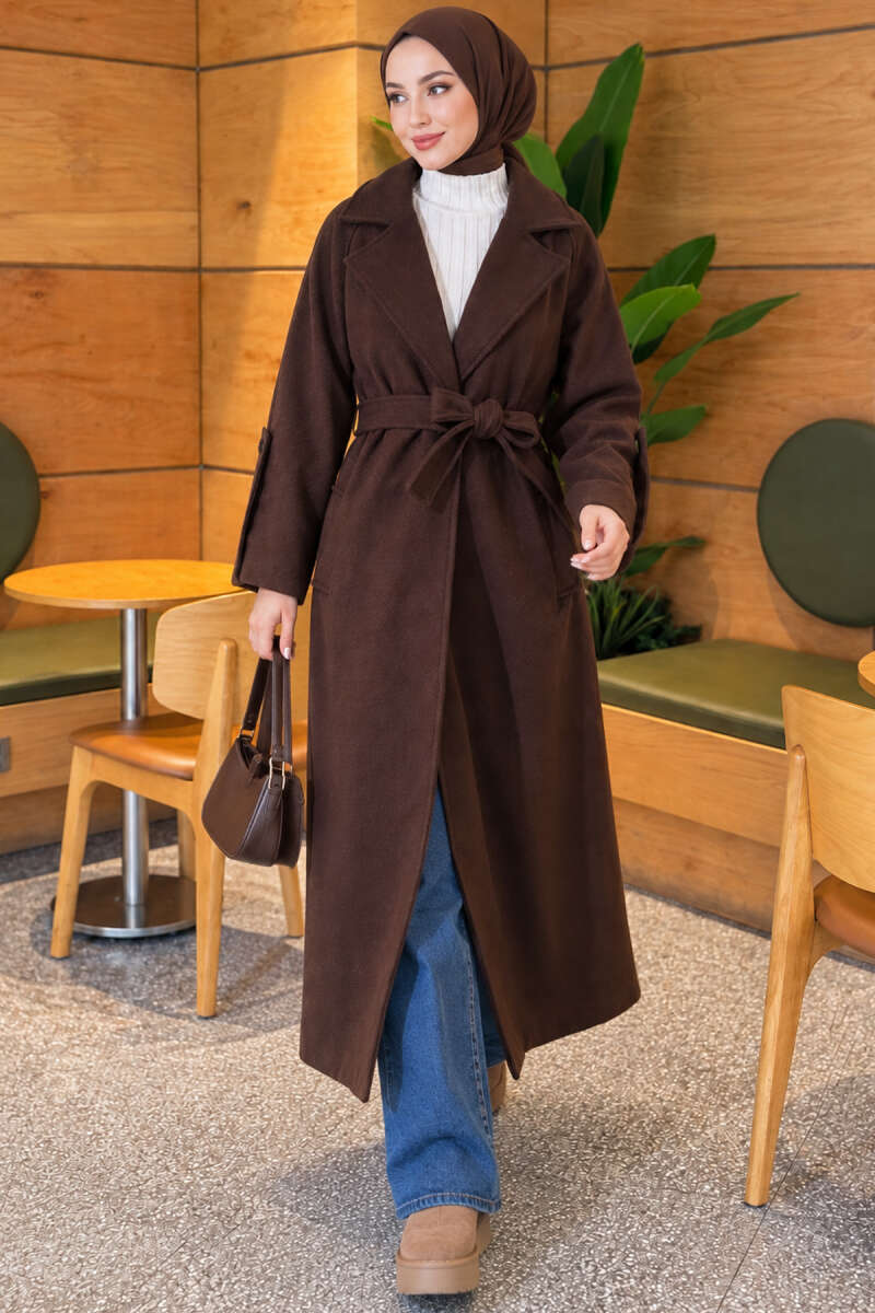 Belted Ribbed Felt Coat - Brown