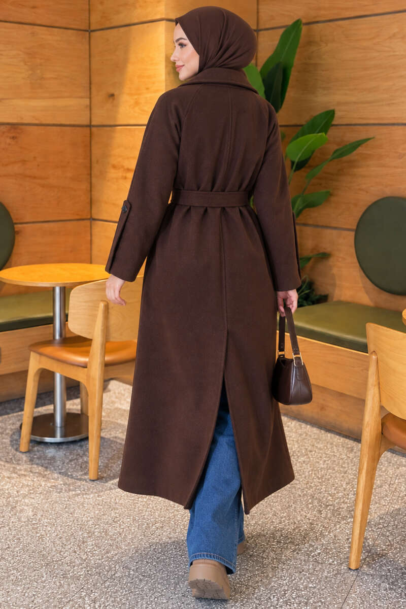 Belted Ribbed Felt Coat - Brown