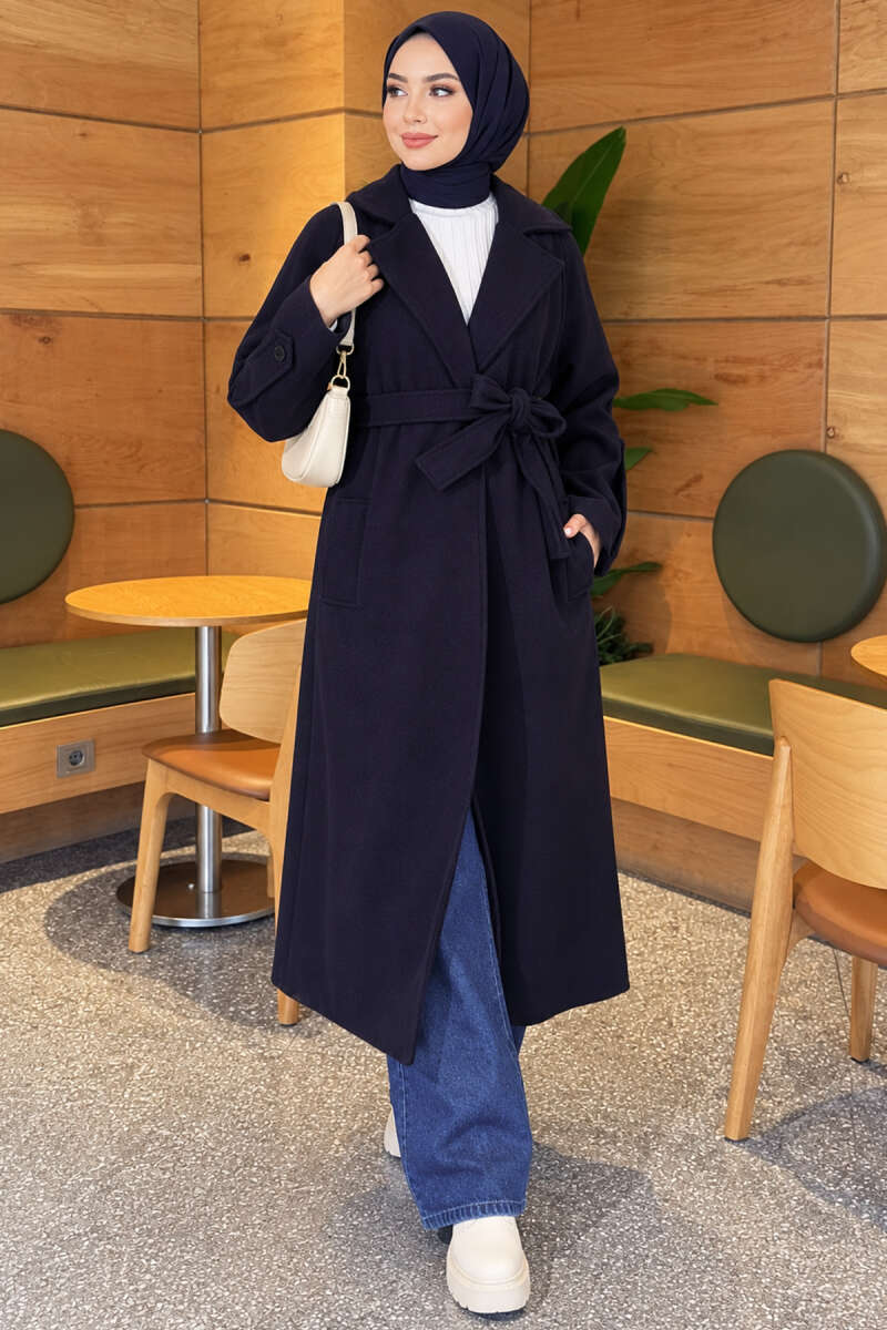 Belted Ribbed Felt Coat - Navy