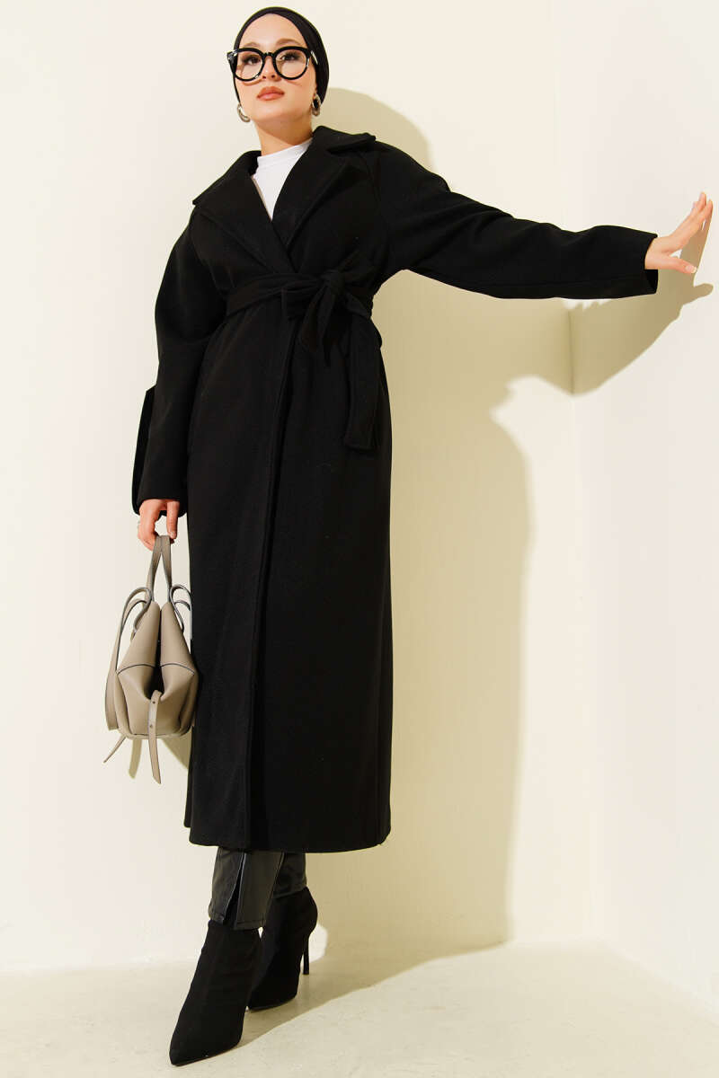 Belted Ribbed Felt Coat - Black