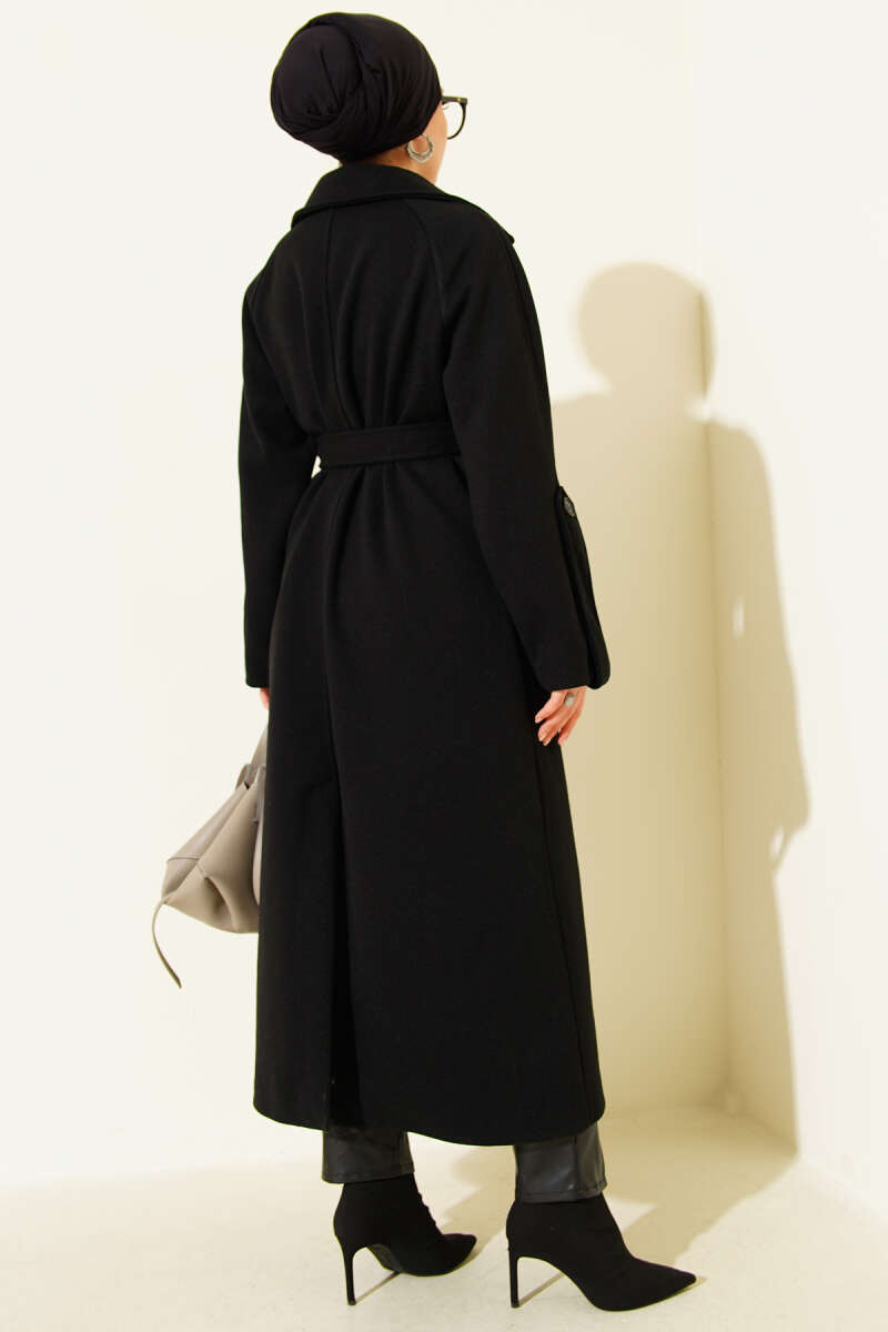 Belted Ribbed Felt Coat - Black