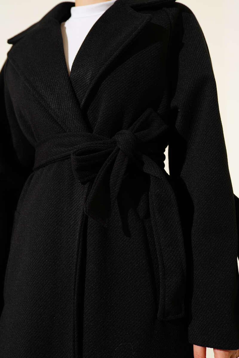Belted Ribbed Felt Coat - Black