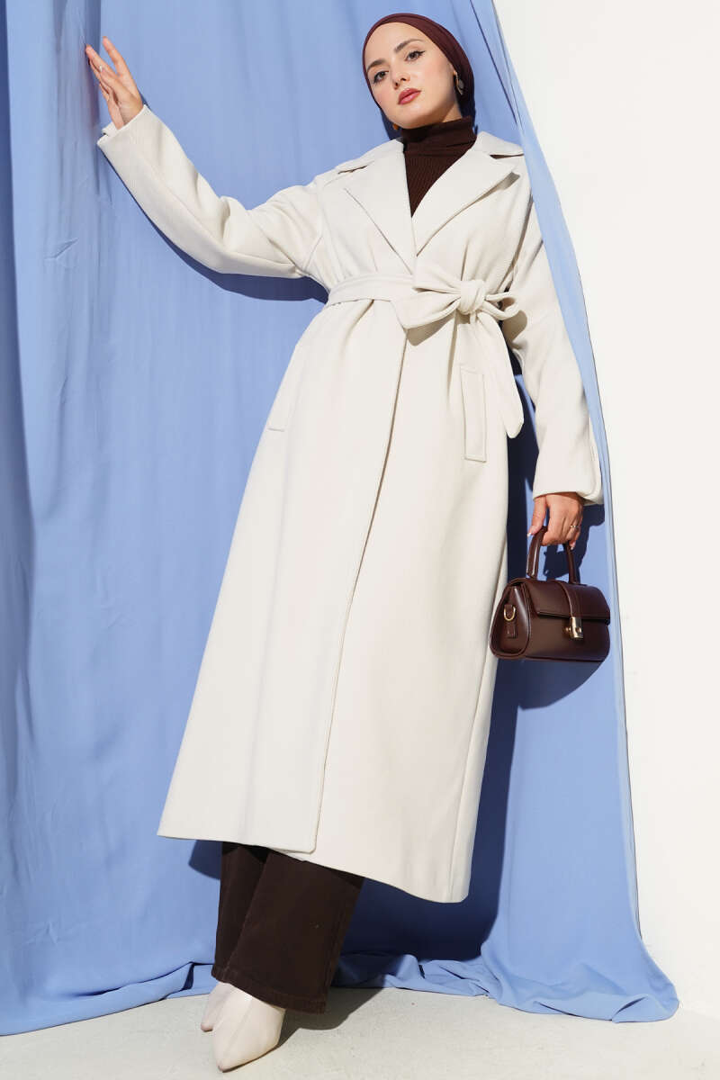 Belted Ribbed Felt Coat - Stone