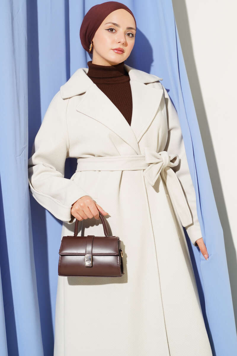 Belted Ribbed Felt Coat - Stone