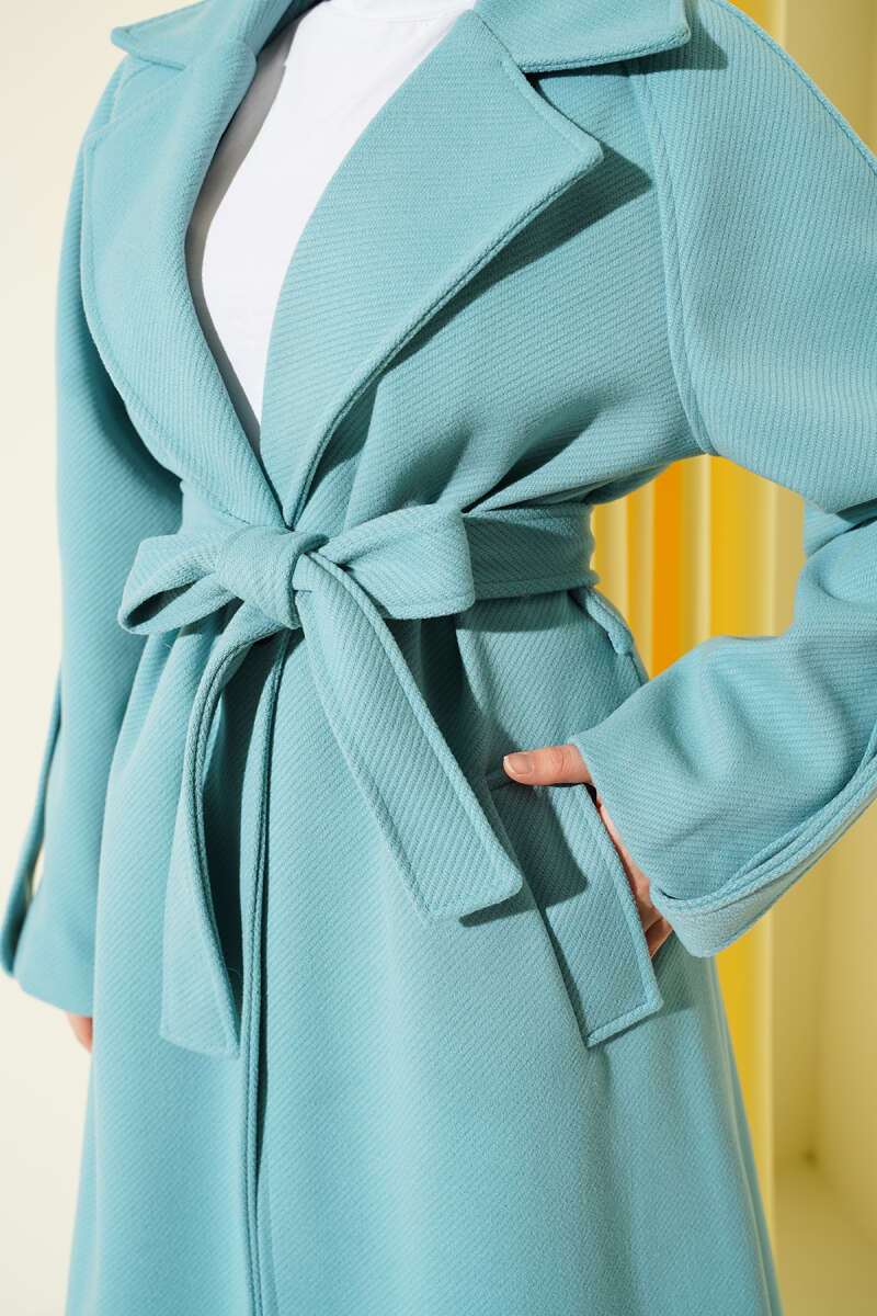 Belted Ribbed Felt Coat - Turquoise