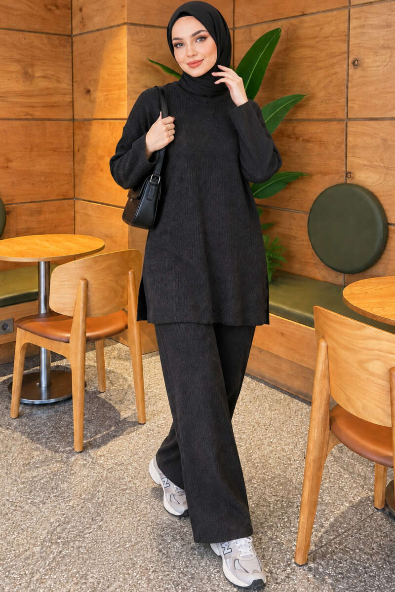 Ribbed Knit Two-Piece Set with Side Slits - Charcoal