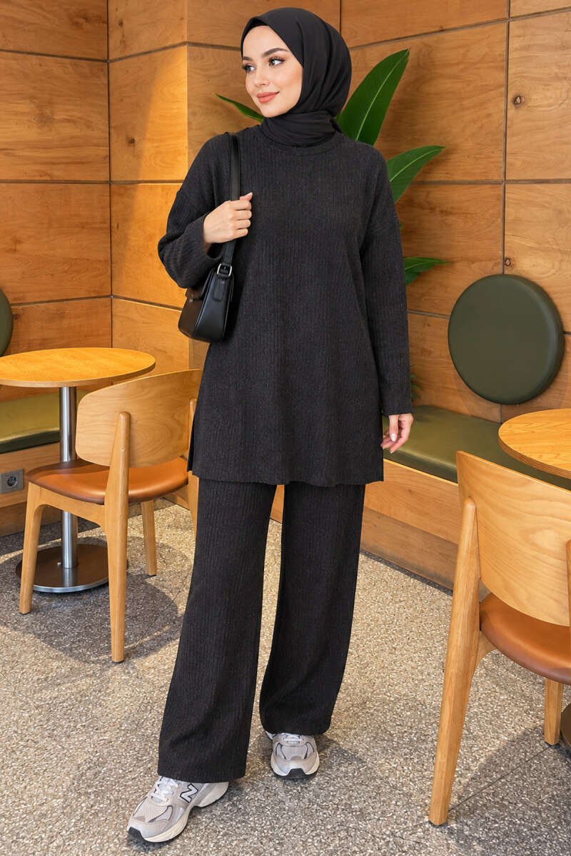 Ribbed Knit Two-Piece Set with Side Slits - Charcoal