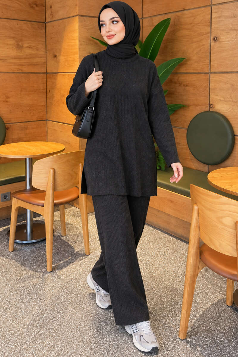 Ribbed Knit Two-Piece Set with Side Slits - Charcoal