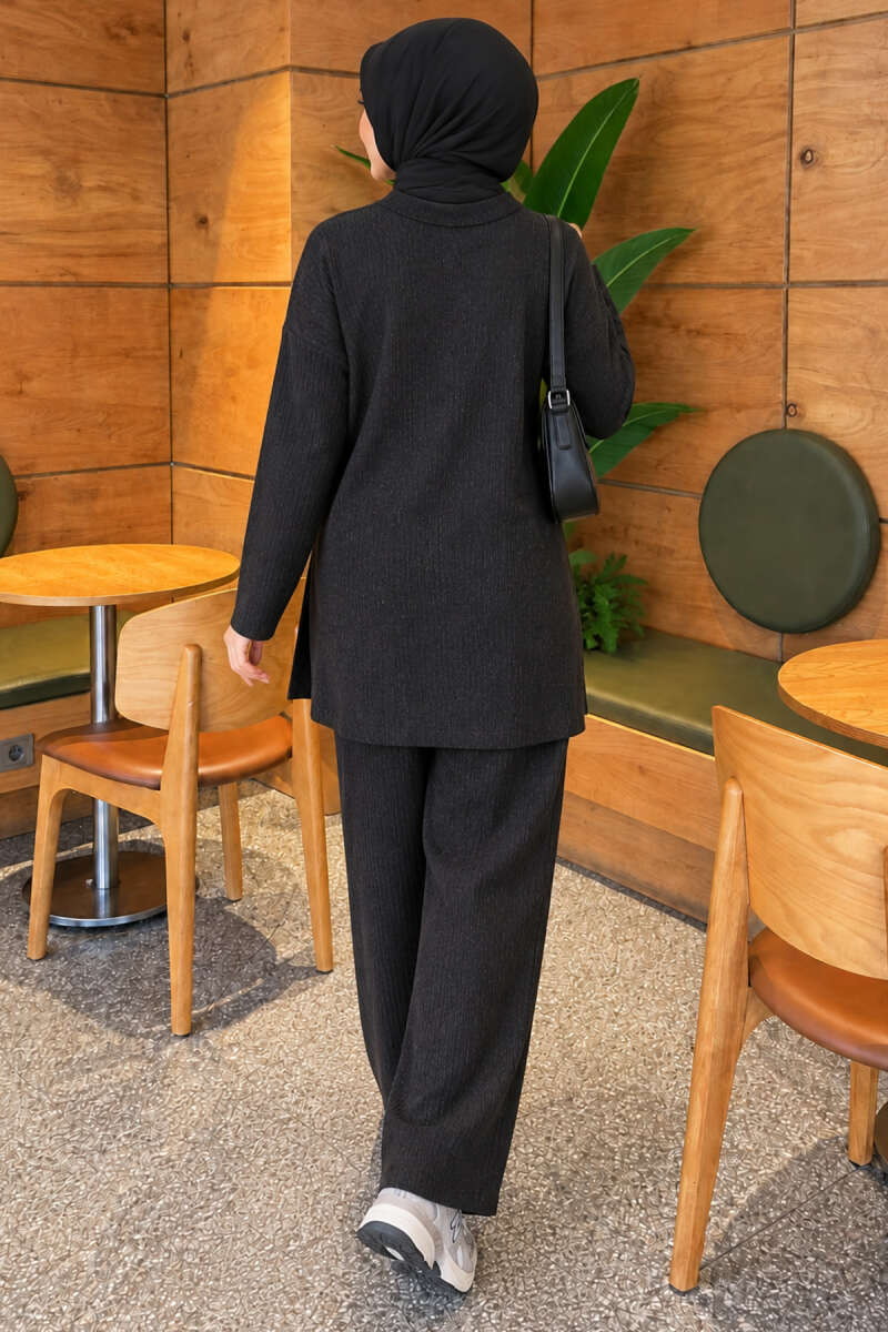 Ribbed Knit Two-Piece Set with Side Slits - Charcoal