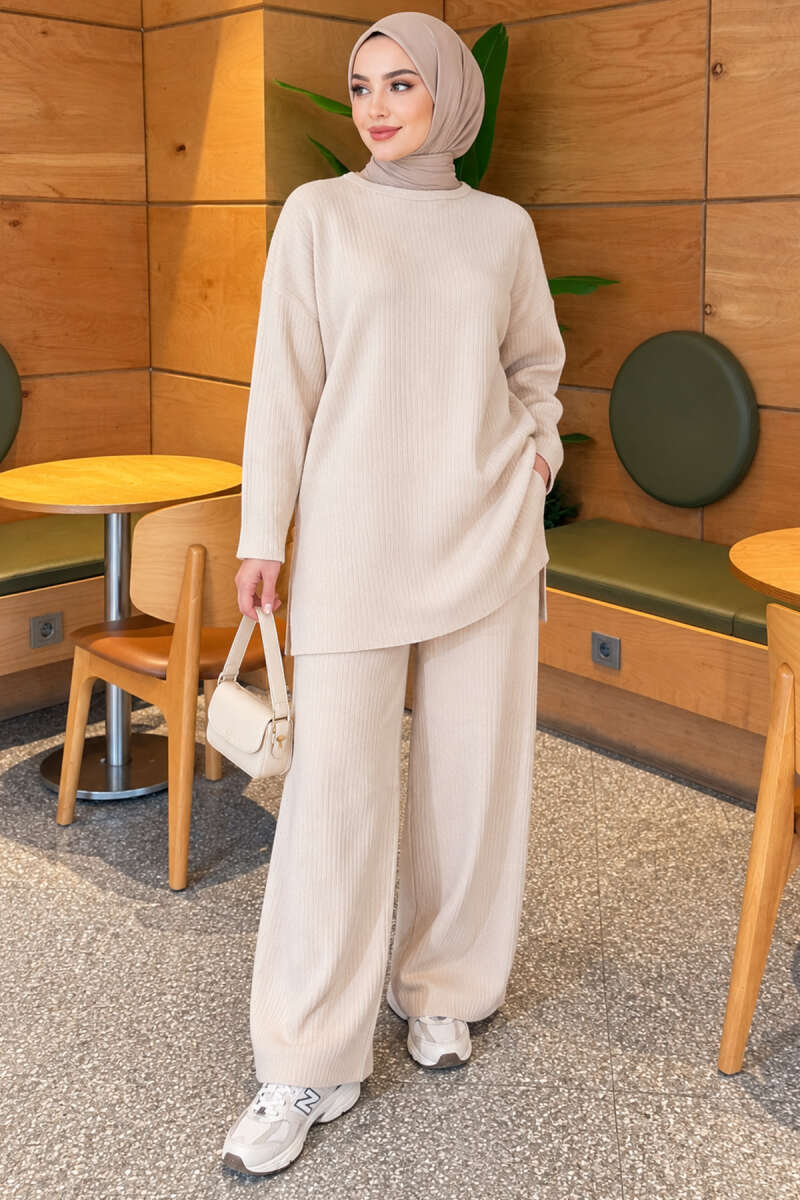 Ribbed Knit Two-Piece Set with Side Slits - Beige