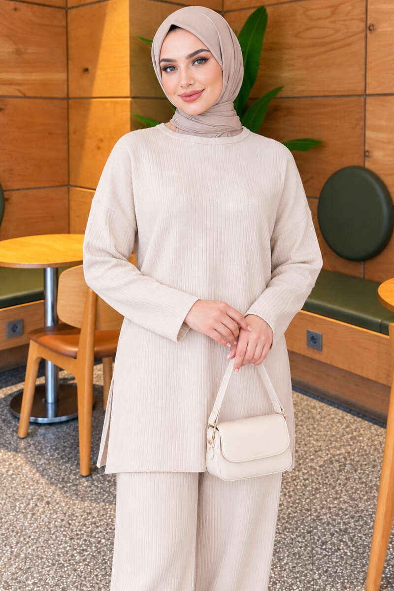 Ribbed Knit Two-Piece Set with Side Slits - Beige