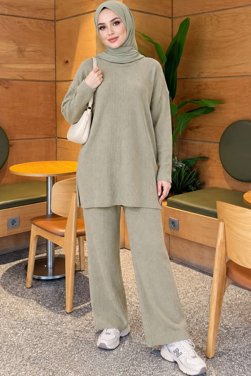 Ribbed Knit Two-Piece Set with Side Slits - Almond Green
