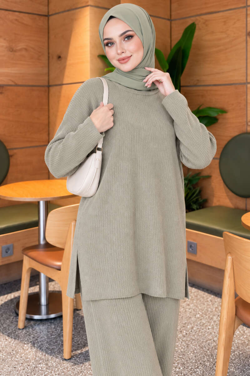 Ribbed Knit Two-Piece Set with Side Slits - Almond Green
