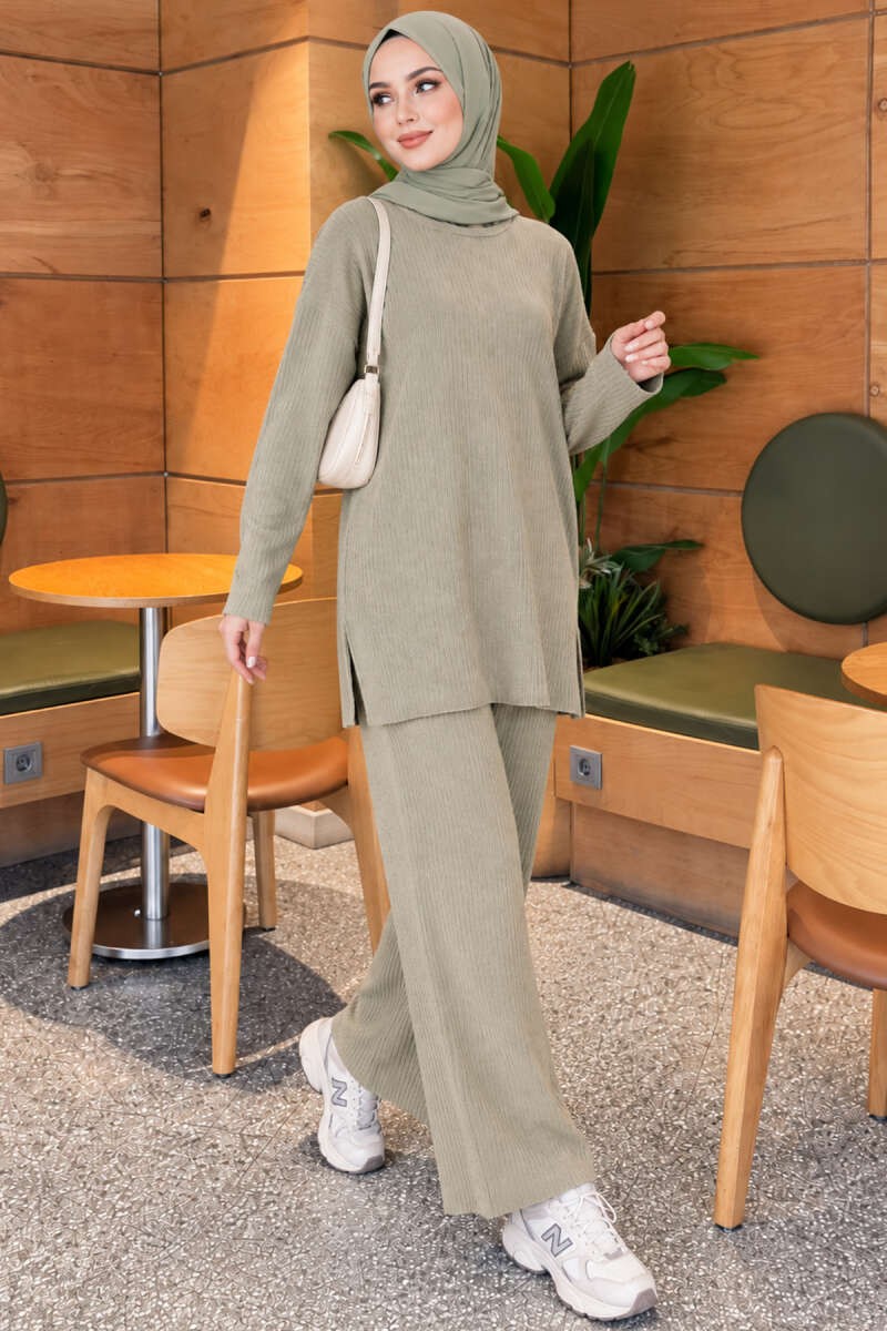 Ribbed Knit Two-Piece Set with Side Slits - Almond Green