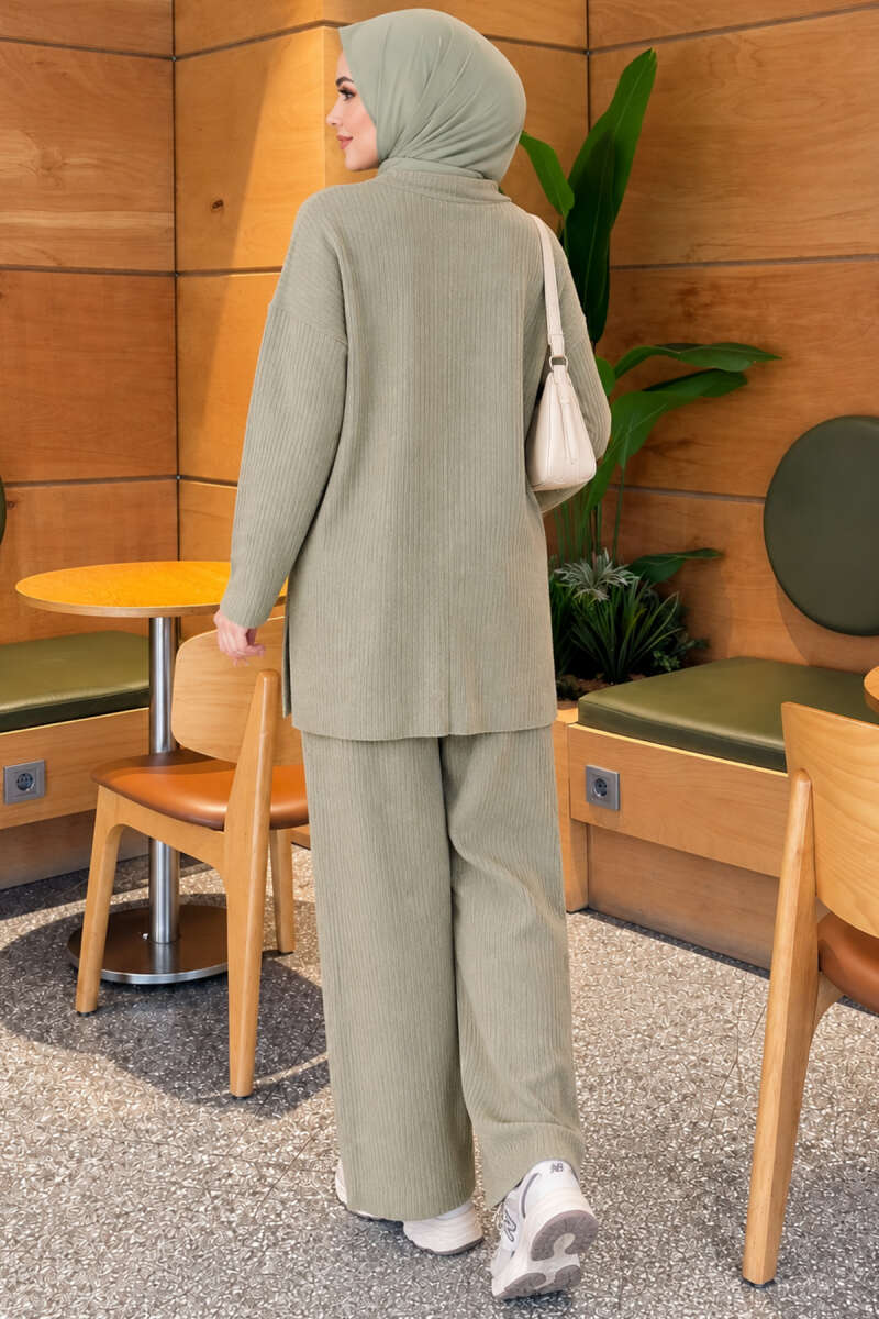 Ribbed Knit Two-Piece Set with Side Slits - Almond Green