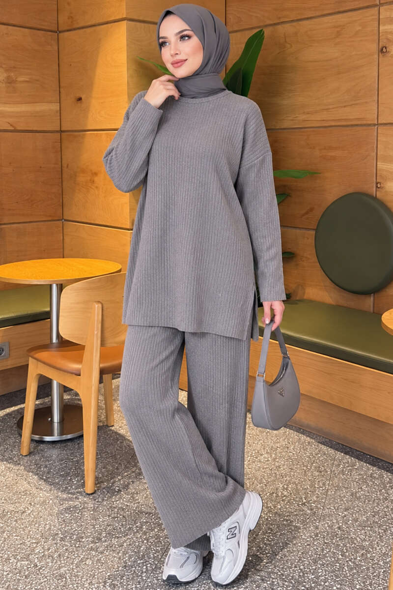 Ribbed Knit Two-Piece Set with Side Slits - Smoke Grey