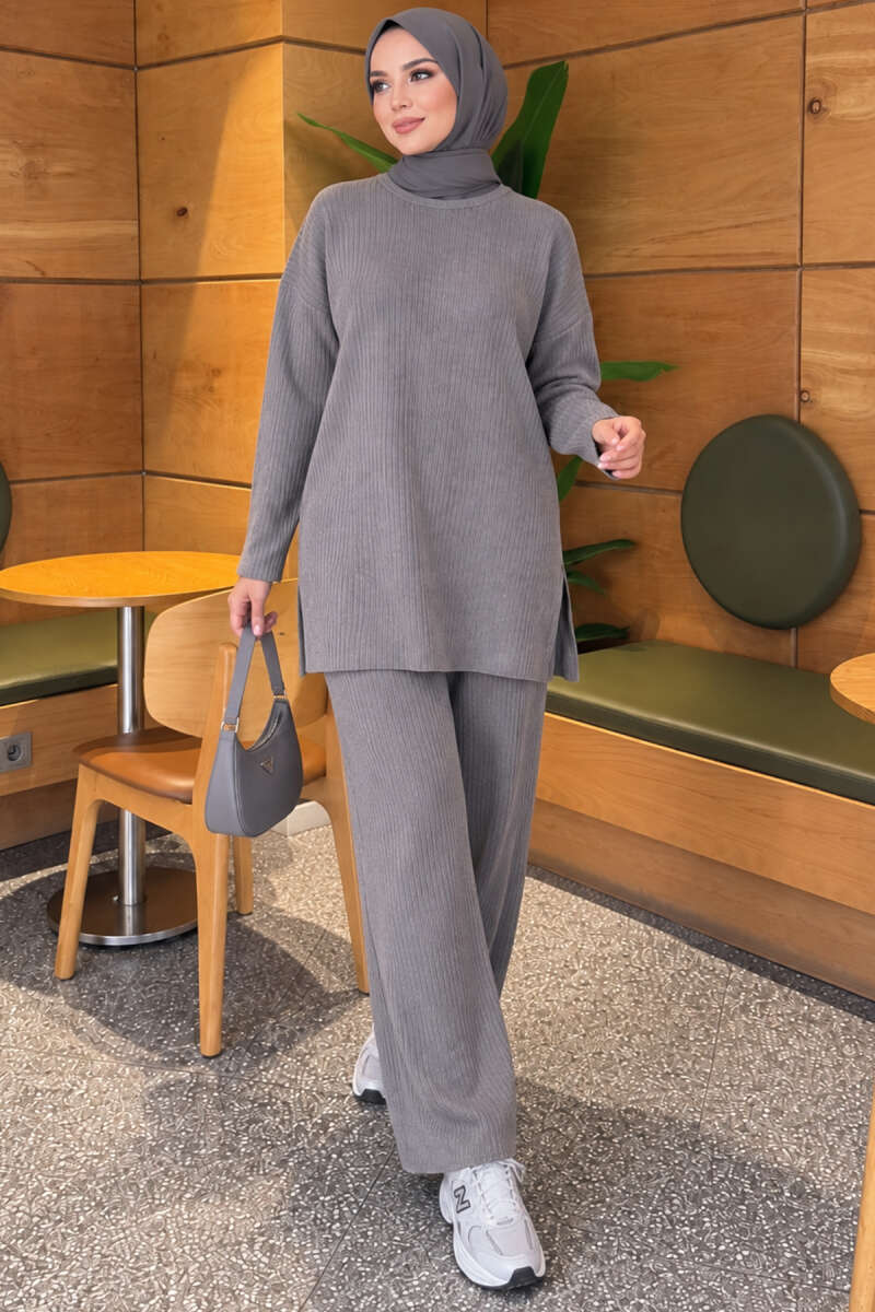 Ribbed Knit Two-Piece Set with Side Slits - Smoke Grey