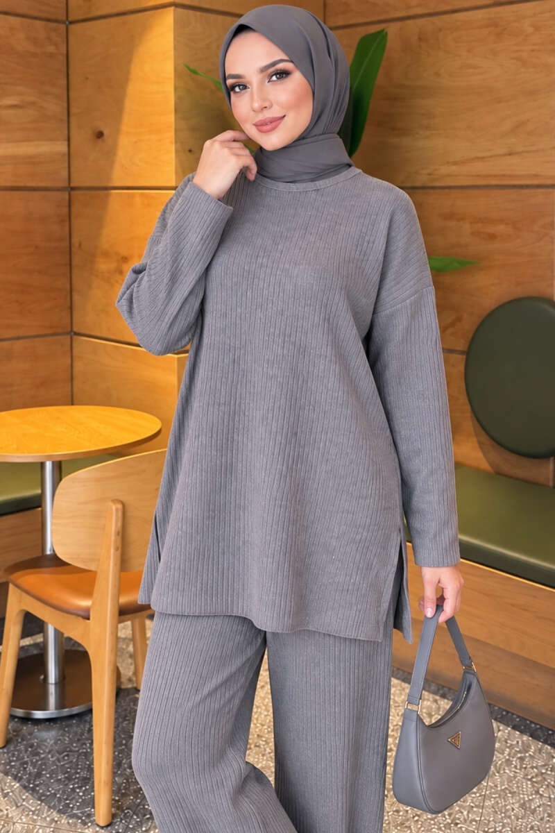 Ribbed Knit Two-Piece Set with Side Slits - Smoke Grey