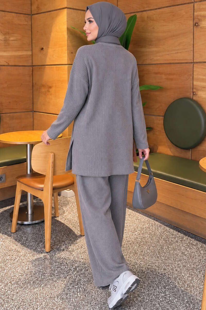 Ribbed Knit Two-Piece Set with Side Slits - Smoke Grey