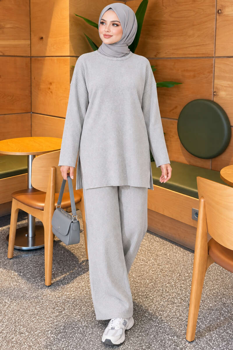 Ribbed Knit Two-Piece Set with Side Slits - Grey