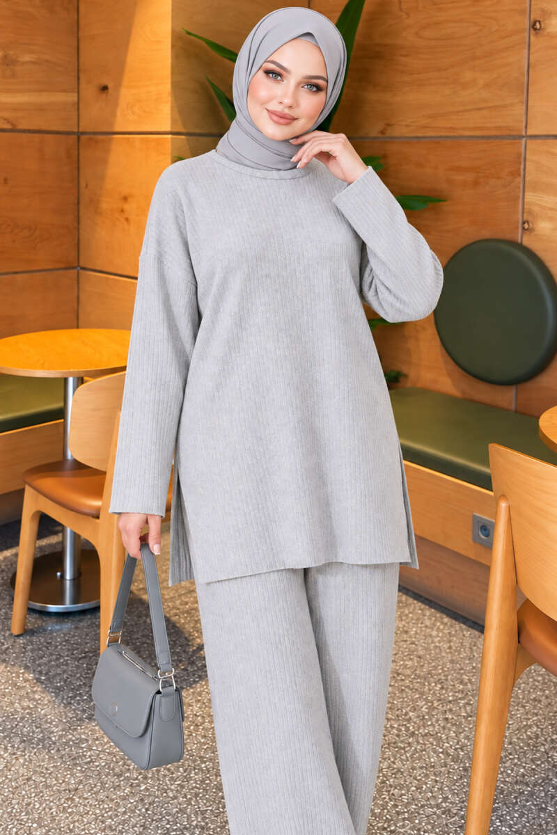 Ribbed Knit Two-Piece Set with Side Slits - Grey