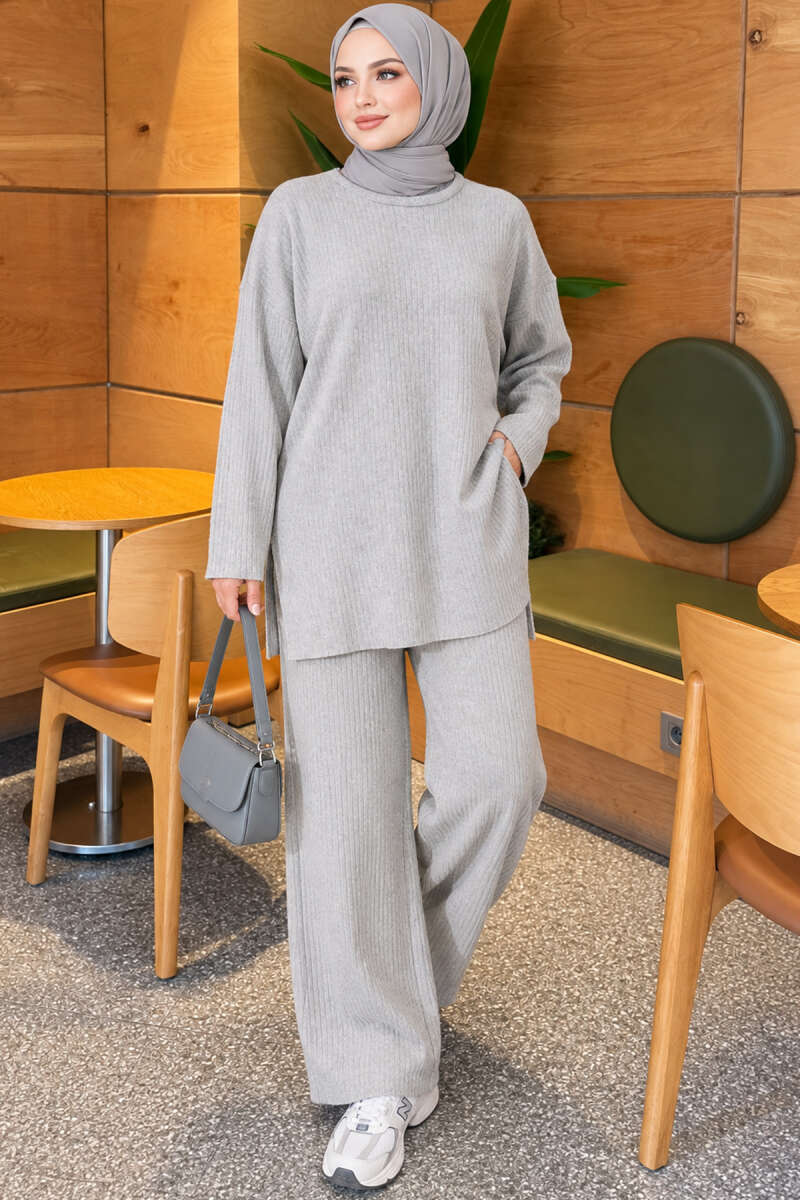 Ribbed Knit Two-Piece Set with Side Slits - Grey