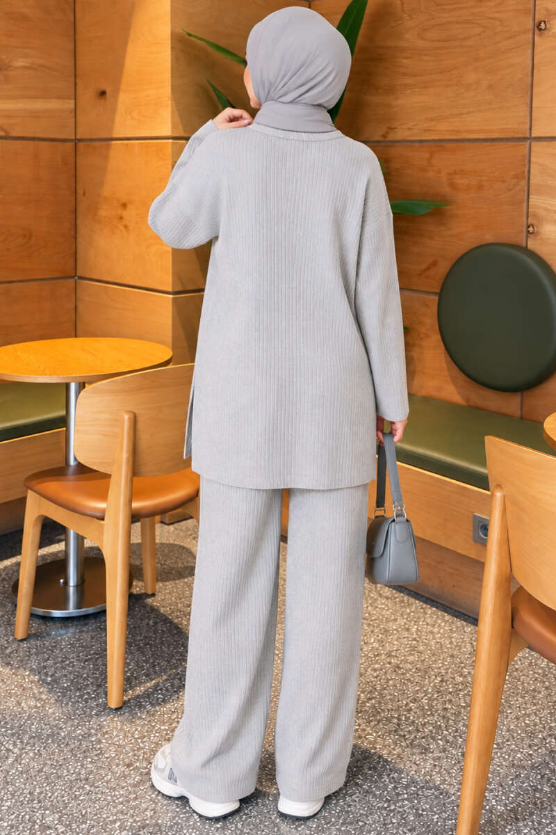 Ribbed Knit Two-Piece Set with Side Slits - Grey