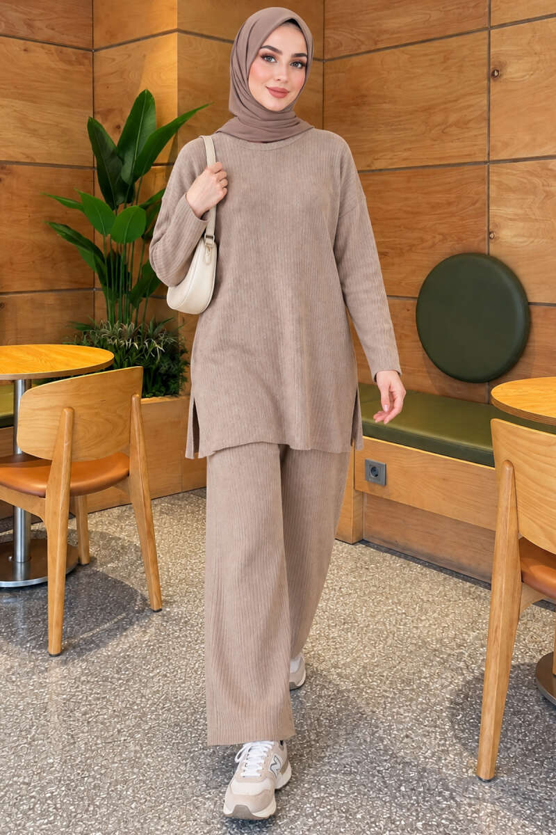 Ribbed Knit Two-Piece Set with Side Slits - Sand