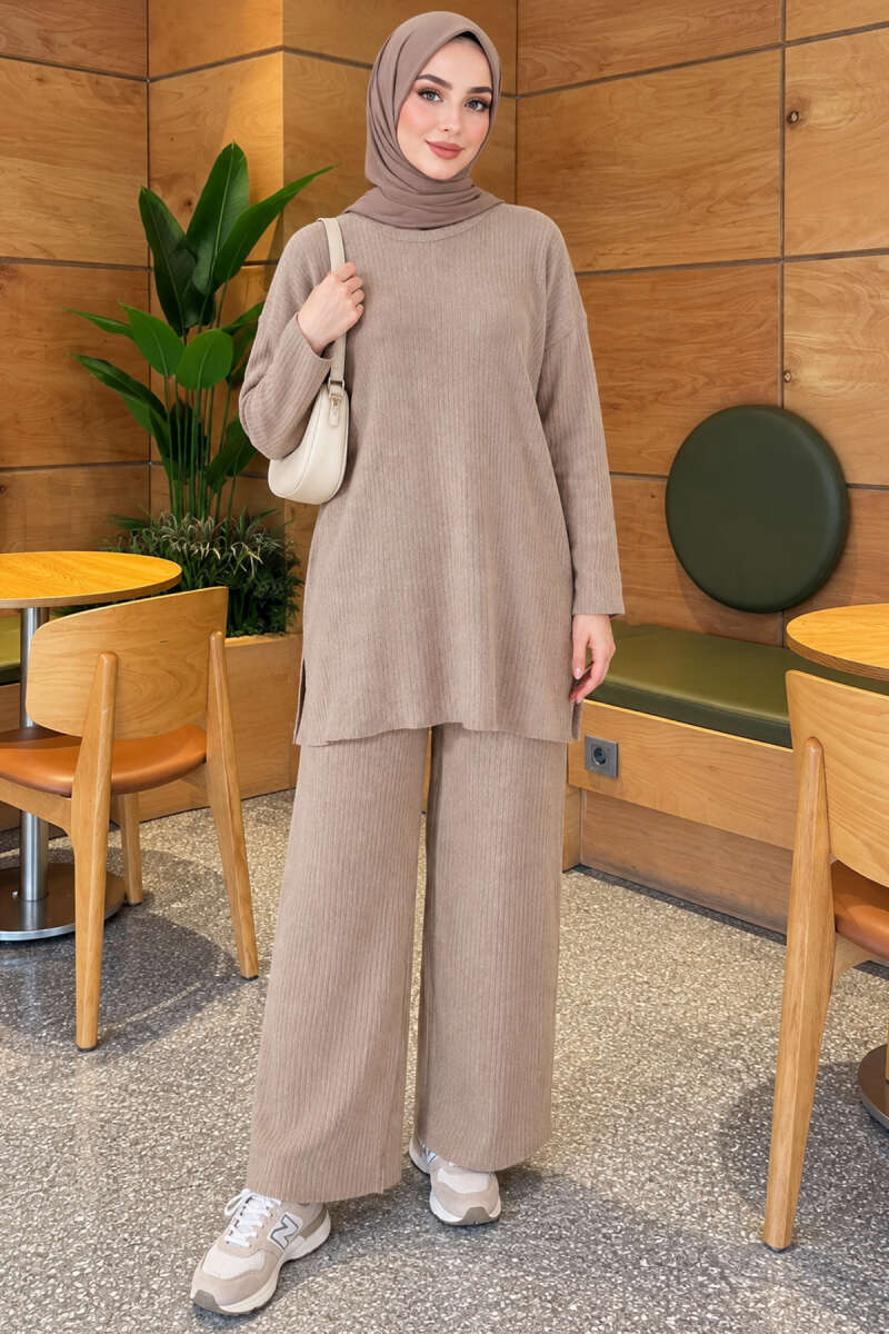 Ribbed Knit Two-Piece Set with Side Slits - Sand