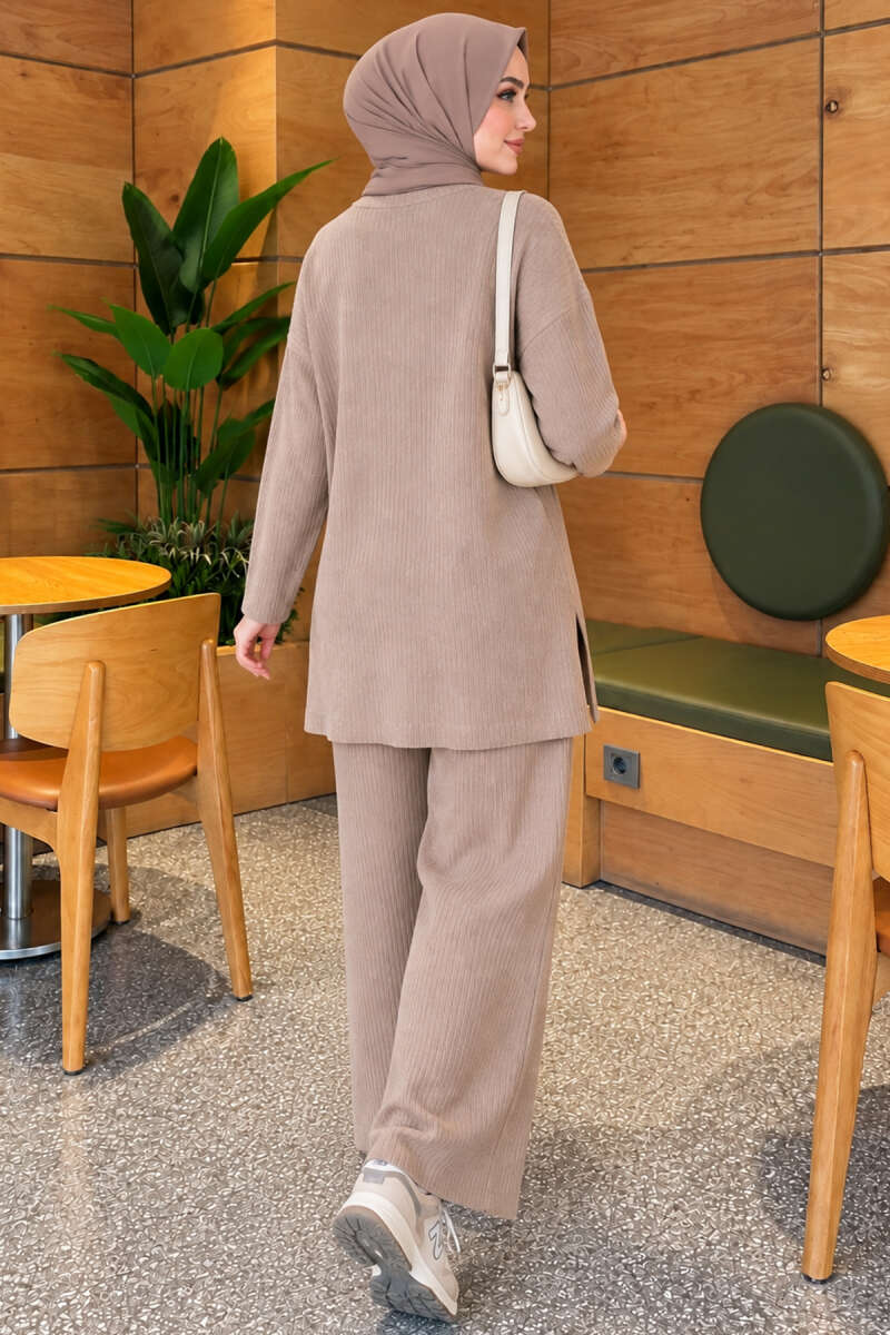 Ribbed Knit Two-Piece Set with Side Slits - Sand