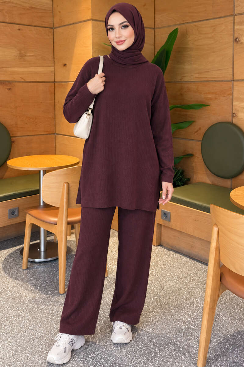 Ribbed Knit Two-Piece Set with Side Slits - Plum
