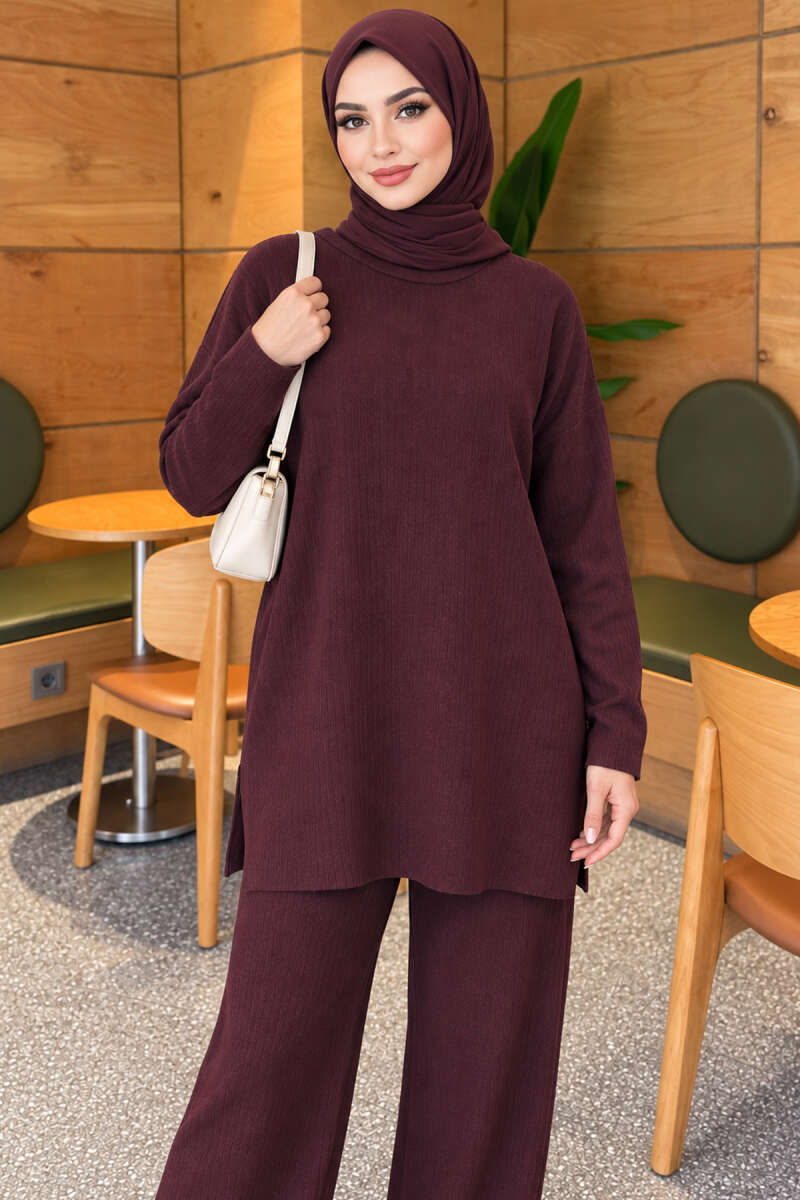 Ribbed Knit Two-Piece Set with Side Slits - Plum