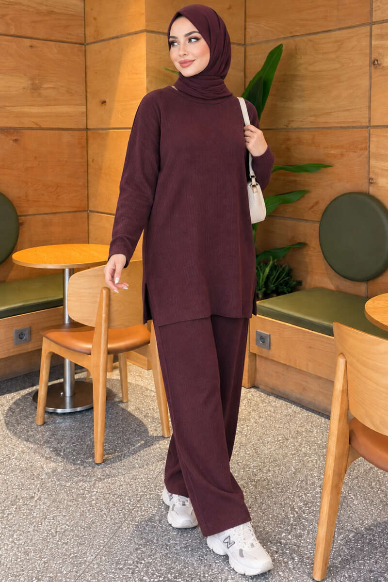 Ribbed Knit Two-Piece Set with Side Slits - Plum