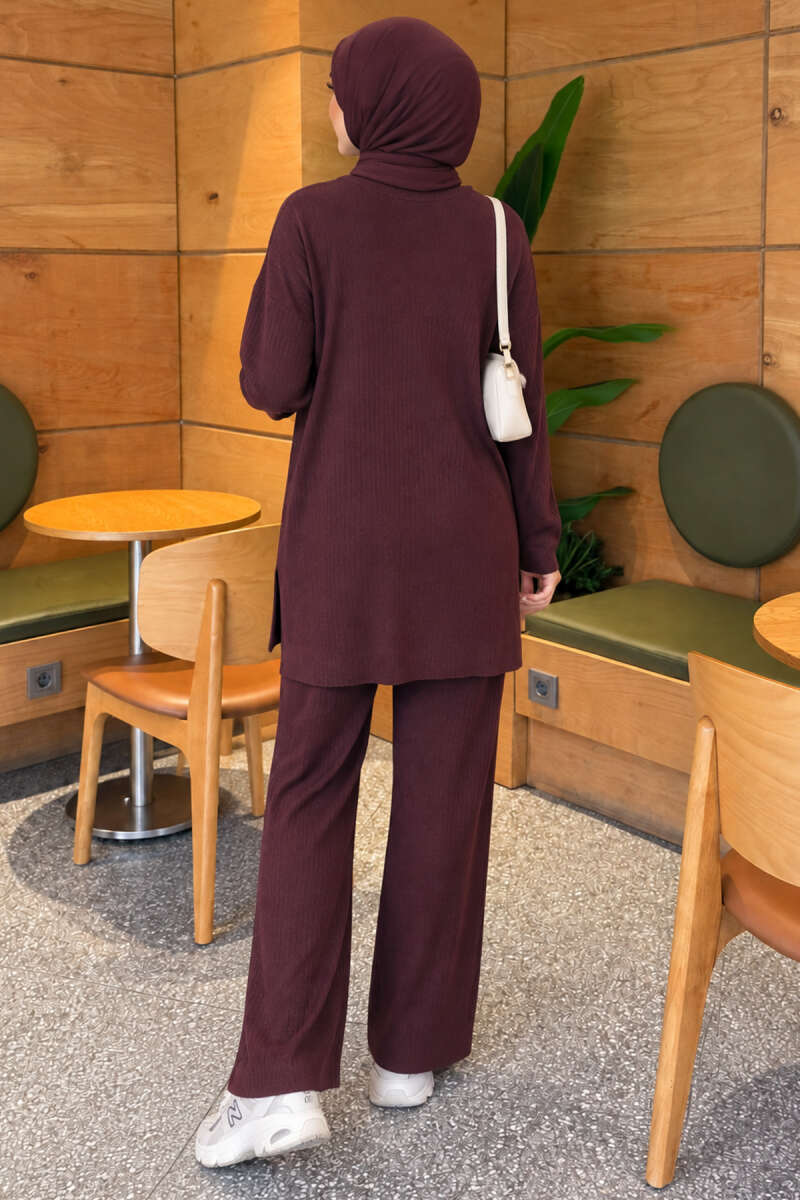 Ribbed Knit Two-Piece Set with Side Slits - Plum