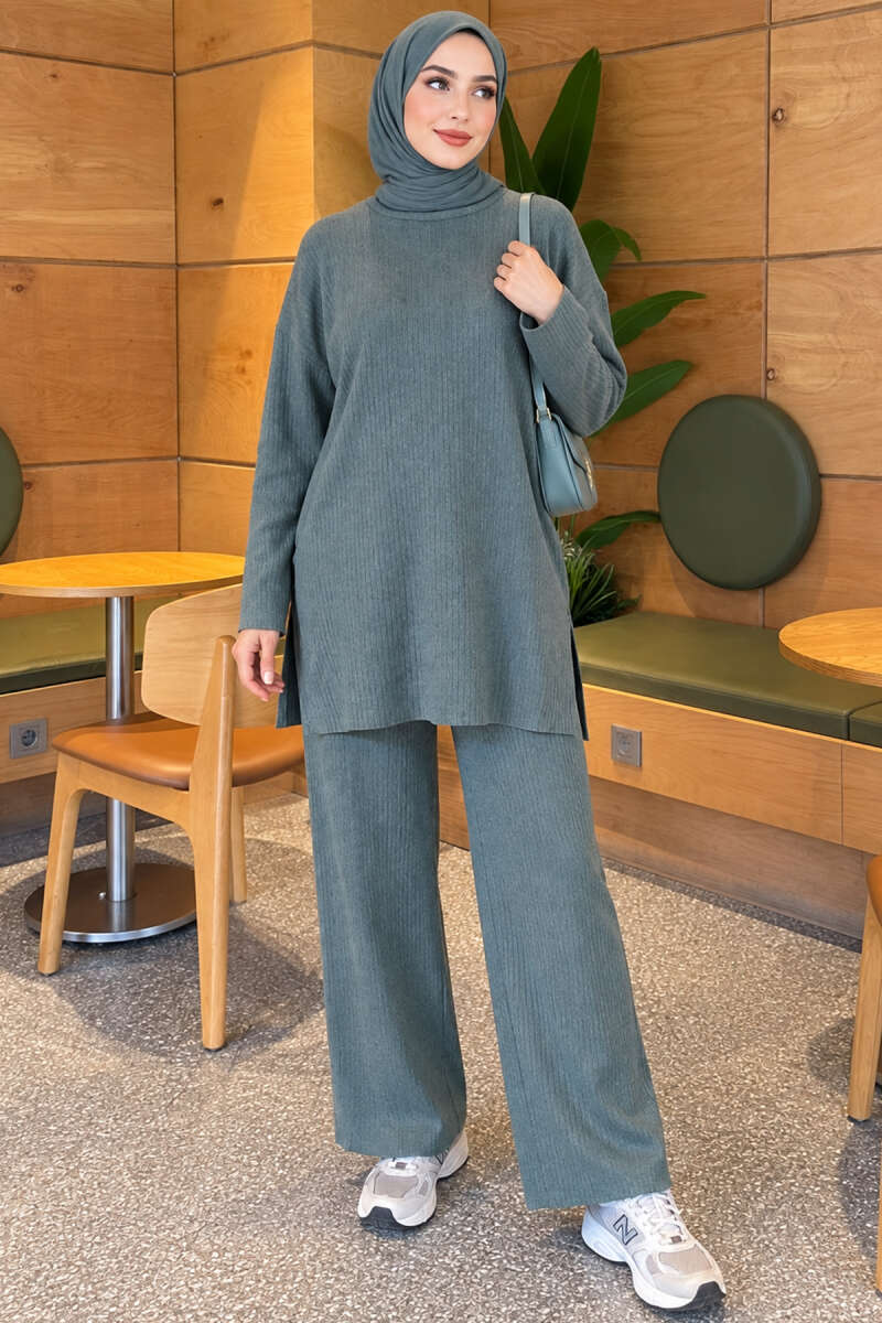 Ribbed Knit Two-Piece Set with Side Slits - Teal