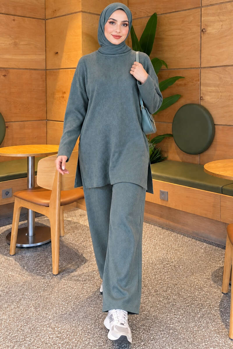 Ribbed Knit Two-Piece Set with Side Slits - Teal