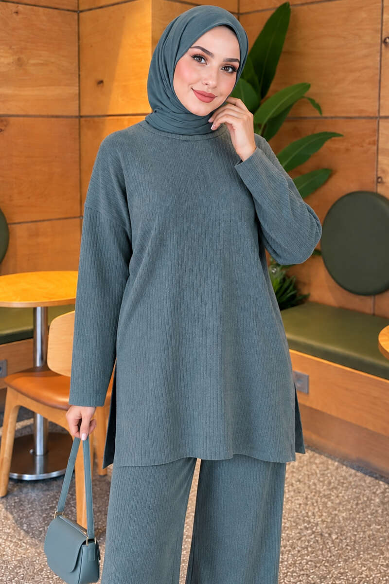 Ribbed Knit Two-Piece Set with Side Slits - Teal