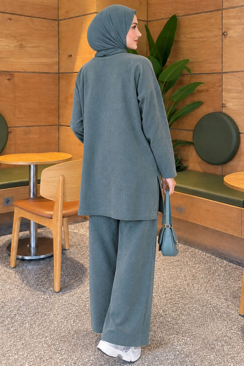Ribbed Knit Two-Piece Set with Side Slits - Teal