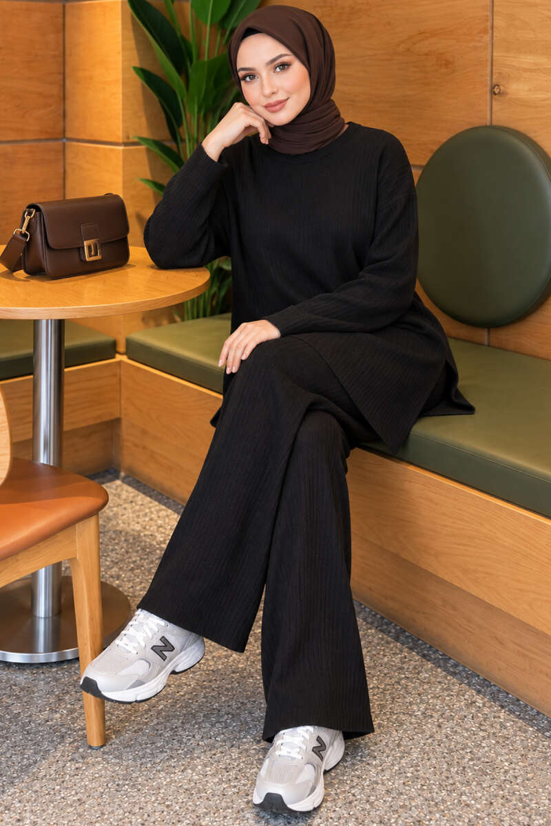 Ribbed Knit Two-Piece Set with Side Slits - Black