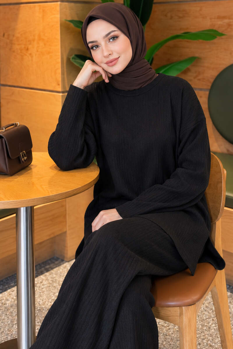 Ribbed Knit Two-Piece Set with Side Slits - Black